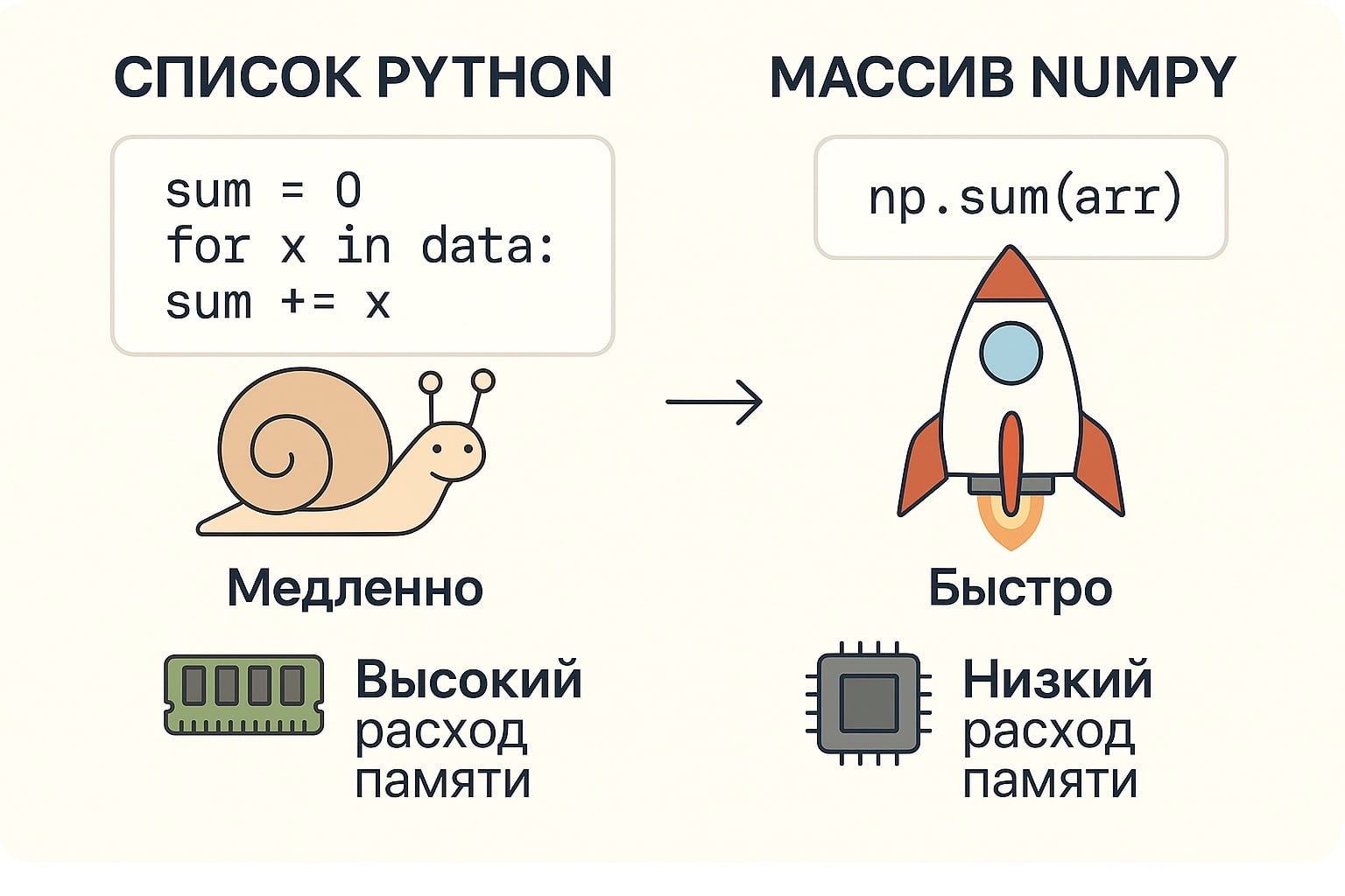 NumPy выполняет численные операции быстрее и с меньшим потреблением памяти
