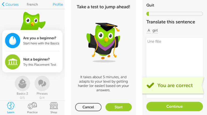 Помогает на первых этапах узнать уровень владения языком и то, как работает приложение