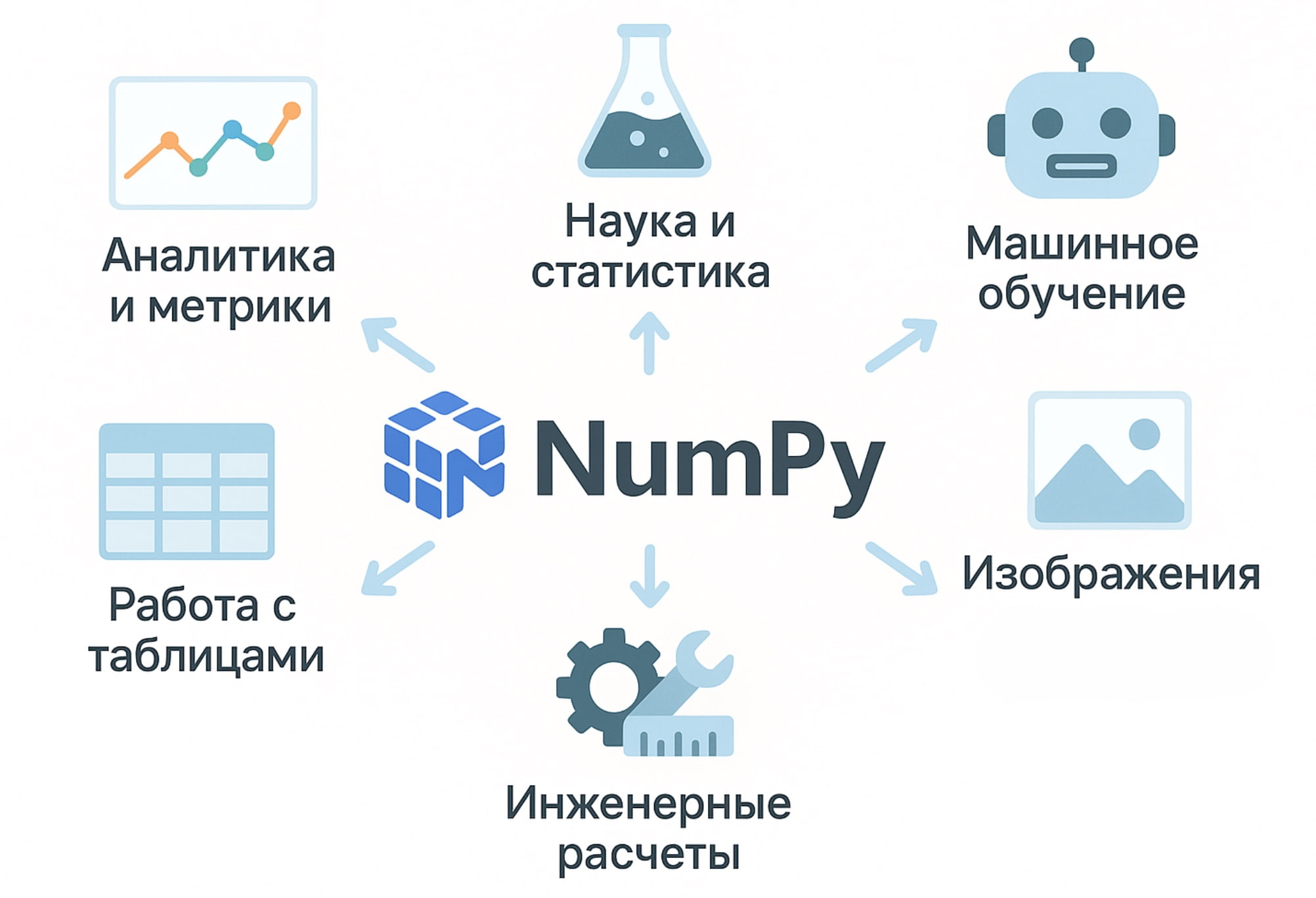 NumPy используют в аналитике, науке, машинном обучении, при обработке изображений, работе с таблицами и инженерных расчетах