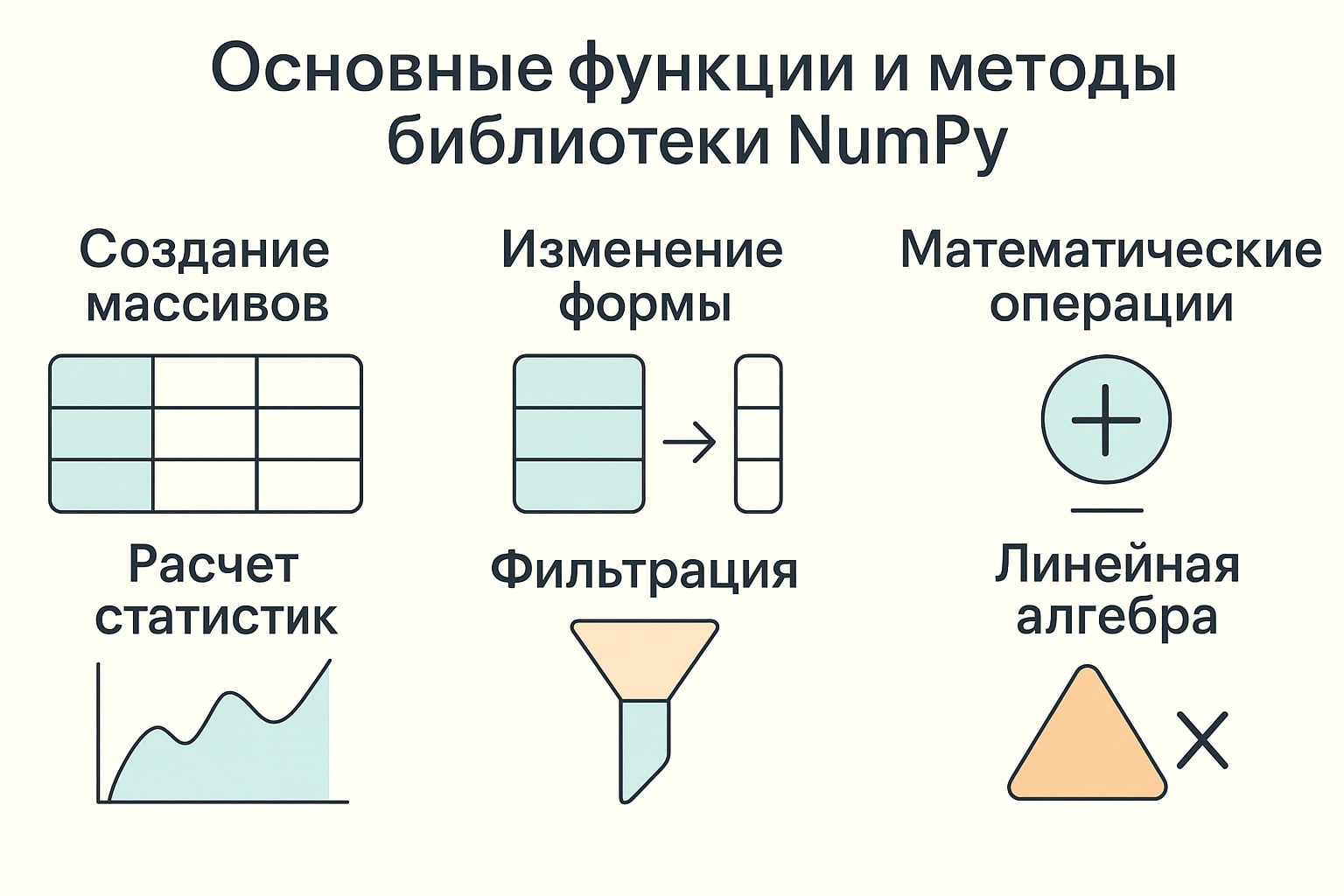 Библиотека NumPy включает шесть базовых групп методов: создание и изменение массивов, математические операции, фильтрация, статистический анализ и линейная алгебра
