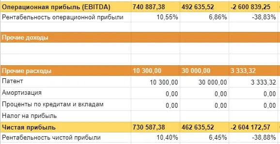 Скриншот P&L-отчета с расходами на патенты, амортизацию, процентам и налогам и чистой прибылью 10%, 6% и -38%.