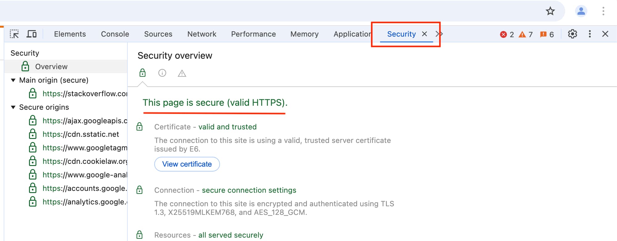 Вкладка Security в DevTools для проверки HTTPS