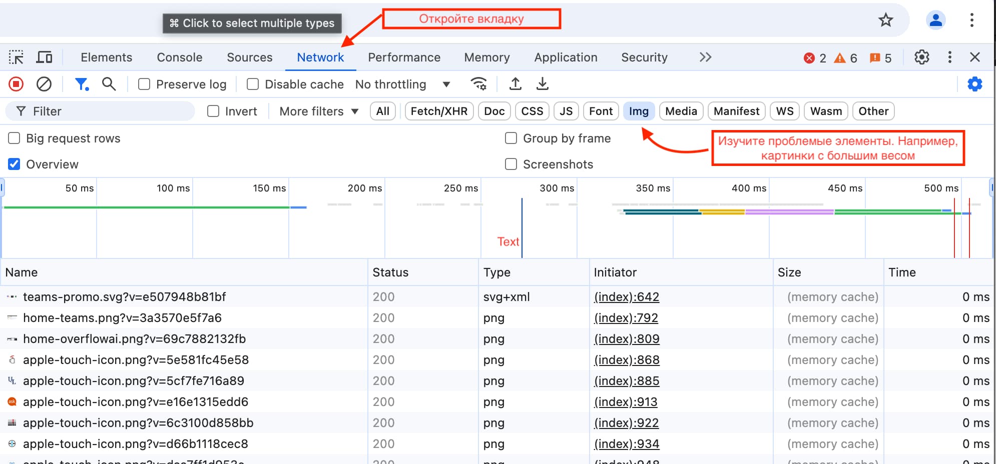 Анализ загрузки изображений в DevTools через вкладку Network