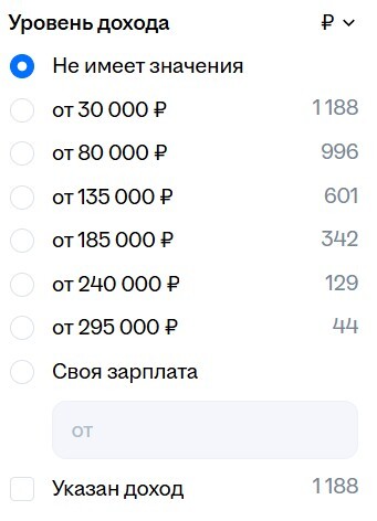 Фильтр вакансий по уровню дохода в среднем по России: от 30 000 до 295 000 рублей в месяц.