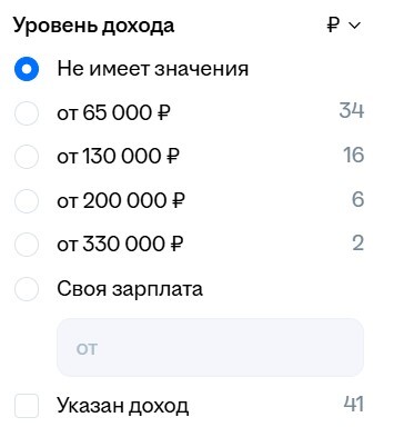 Уровень дохода в вакансиях для junior-разработчиков в Москве и Санкт-Петербурге стартует от 65 000 рублей.