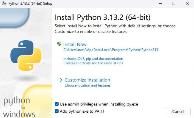 Окно установки Python 3.13.2 (64-bit) в Windows с предложением установки по умолчанию или настройки параметров.