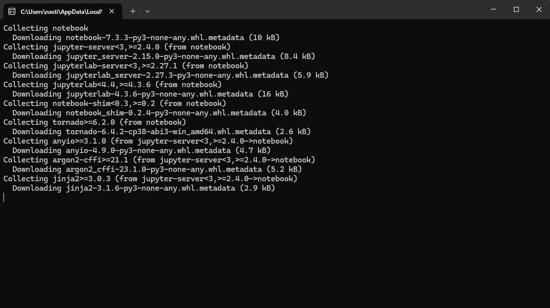 Так выглядит окно терминала Windows, в котором выполняется установка Jupyter Notebook с помощью pip install notebook. 