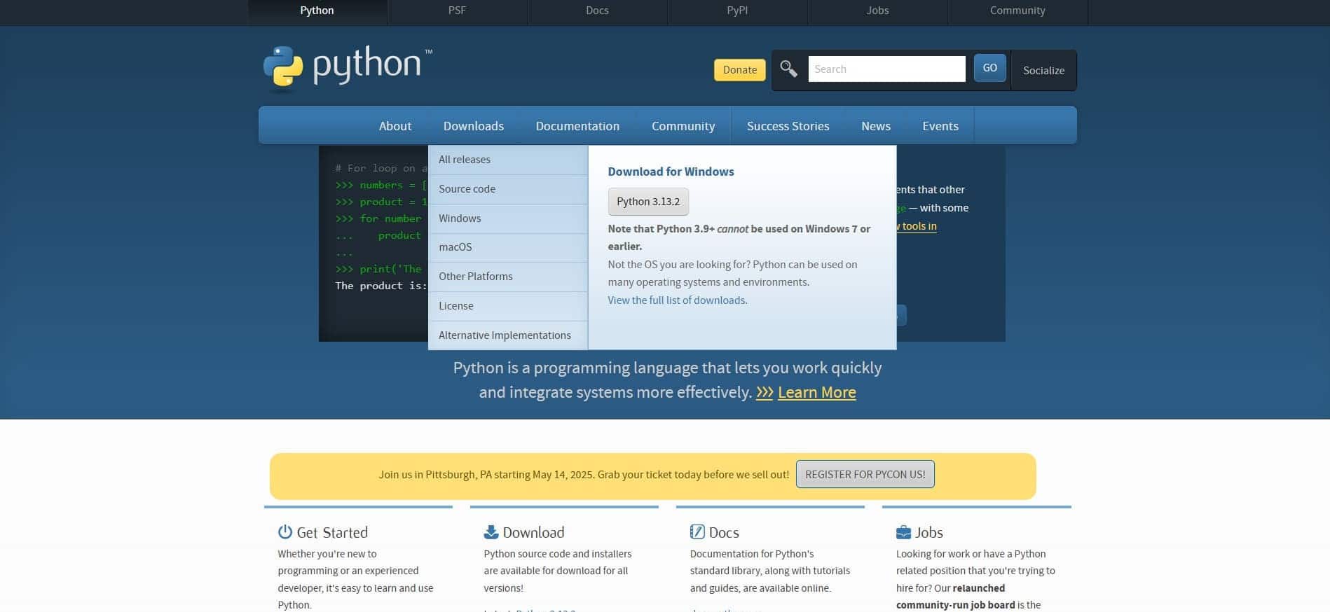 Меню загрузки Python 3.13.2 для Windows