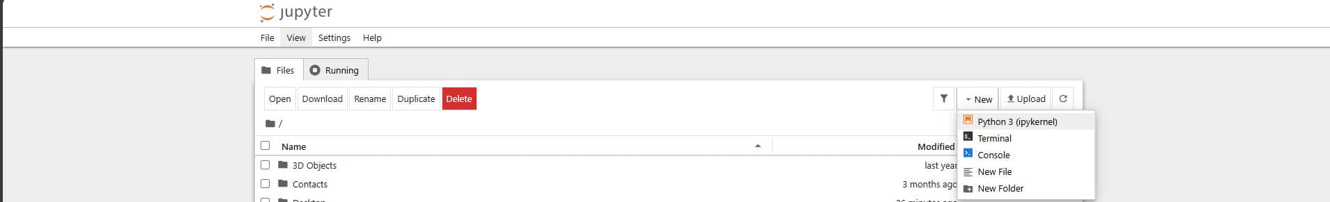 Интерфейс Jupyter Notebook в браузере с открытым меню создания нового элемента.