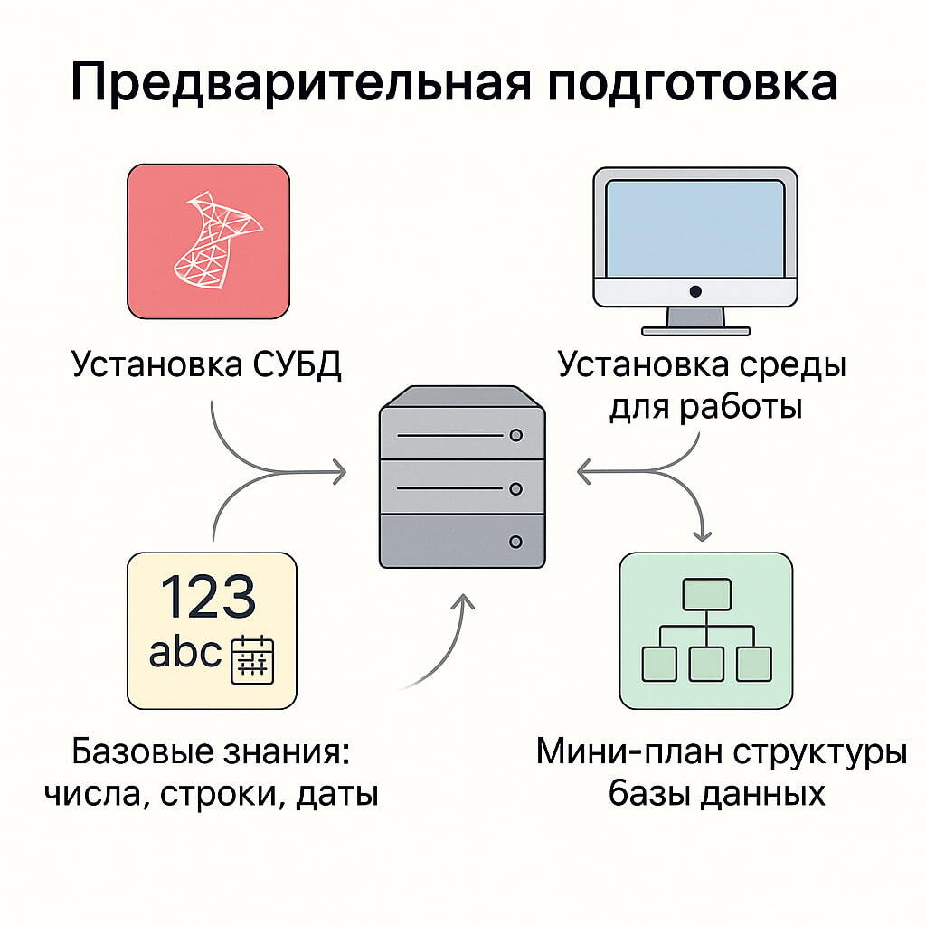 Шаги: установка СУБД, настройка среды разработки, базовые знания о типах данных и планирование структуры базы