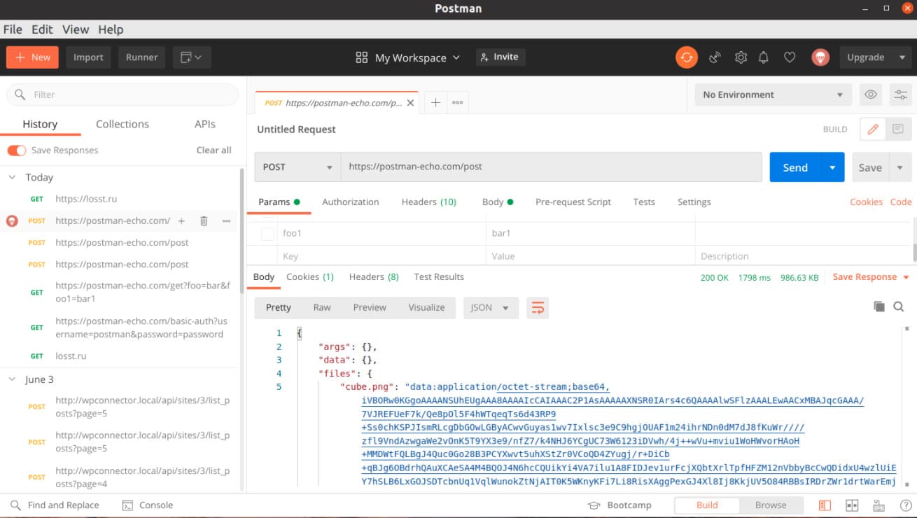 Работа в Postman со списком запросов (GET/POST), полями параметров, вкладками Body, Headers, Test Results