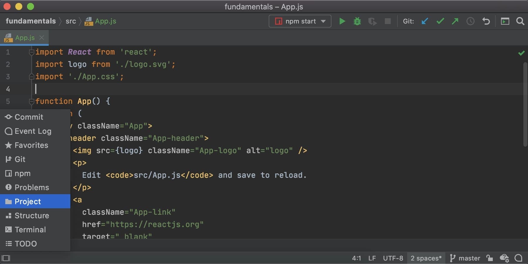  Скриншот WebStorm с исходным кодом React-приложения в панели проекта в файле App.js