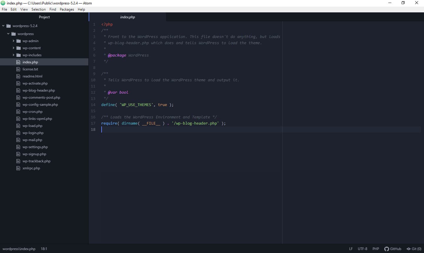 Работа в Atom со структурой каталогов WordPress с помощью PHP-кода