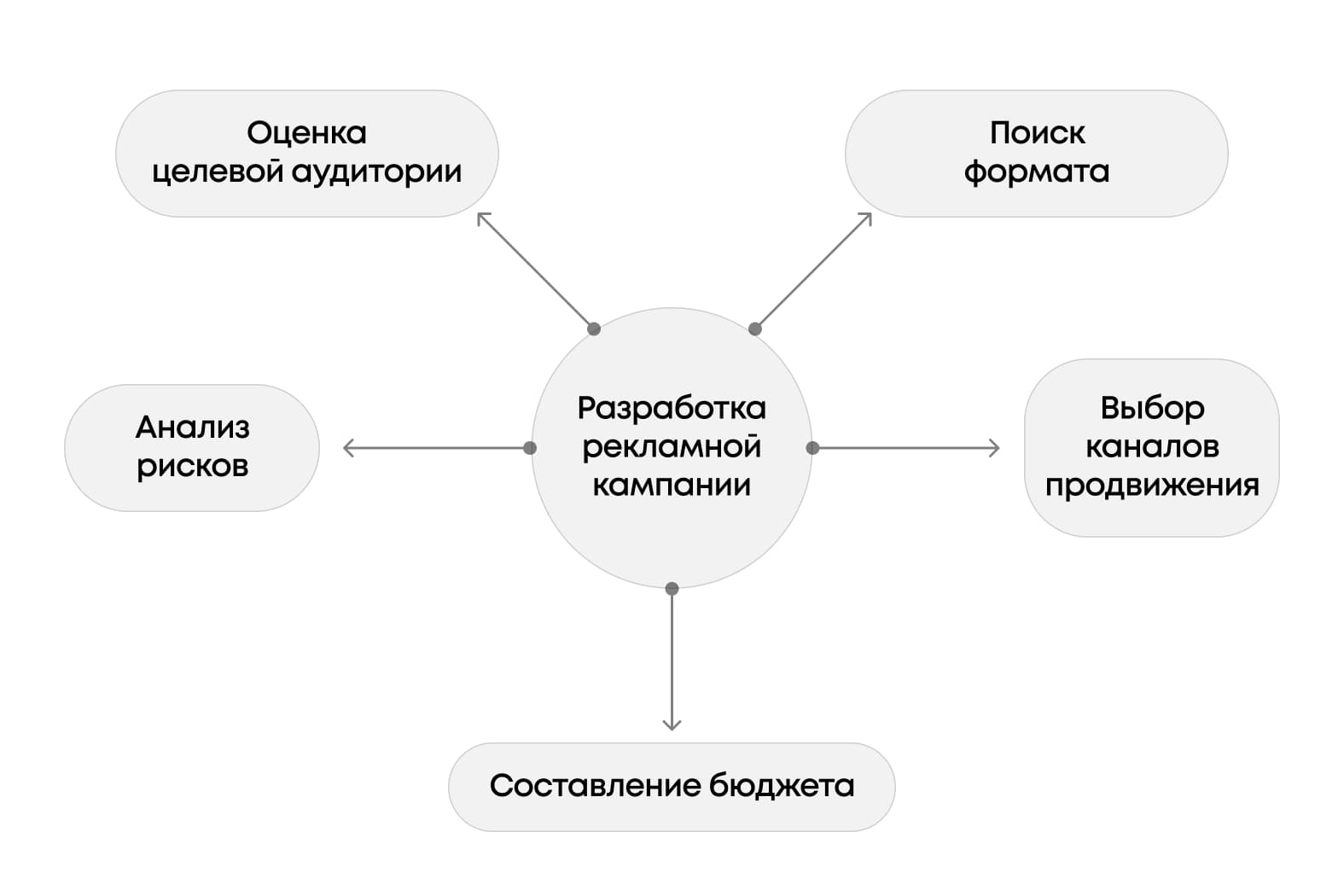 Ментальная карта разработки рекламной кампании. Пять основных элементов: аудитория, формат, каналы, бюджет, риски