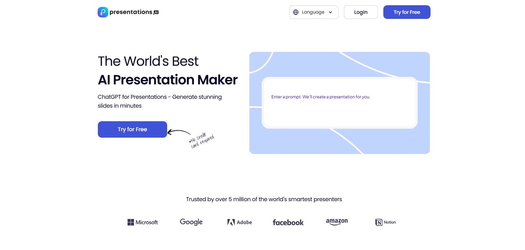 Скриншот главной страницы нейросети Presentations.AI с полем для ввода промта и кнопкой бесплатного тестирования