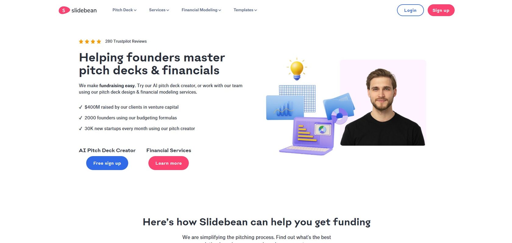 Скриншот сайта Slidebean, описывающий возможности создания презентаций для бизнеса и финансового анализа