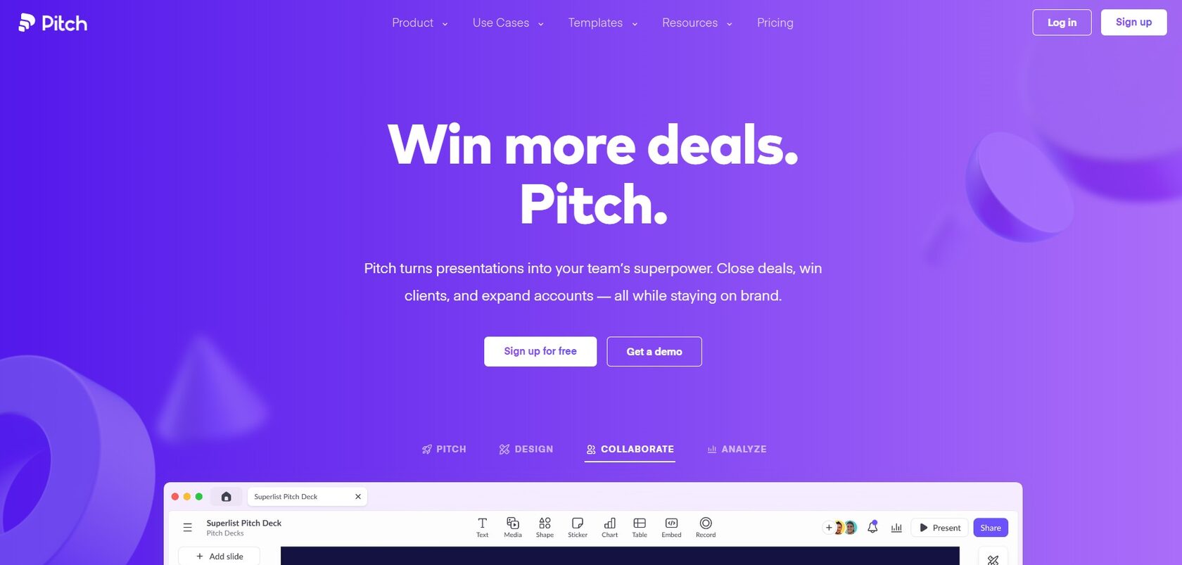 Главная страница сервиса Pitch с описанием возможностей командной работы и демонстрацией интерфейса редактора