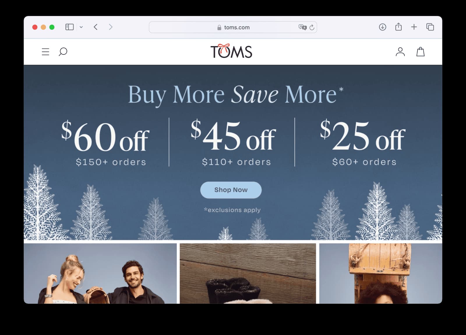 Главная страница TOMS с акцентом на благотворительную миссию
