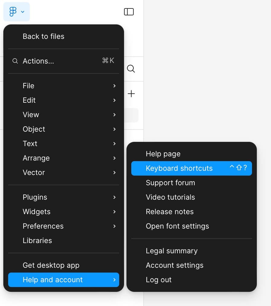 Main menu → Help and account → Keyboard shortcuts