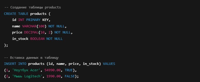 SQL-код создания таблицы products с полями id, name, price и in_stock, а также пример вставки данных о товарах