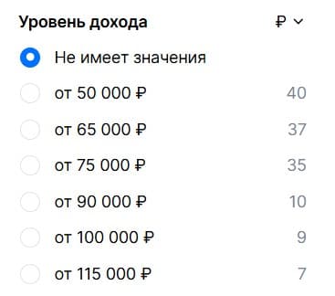 Вилка уровня дохода с вариантами от 50 000 до 115 000 рублей и количеством предложений.