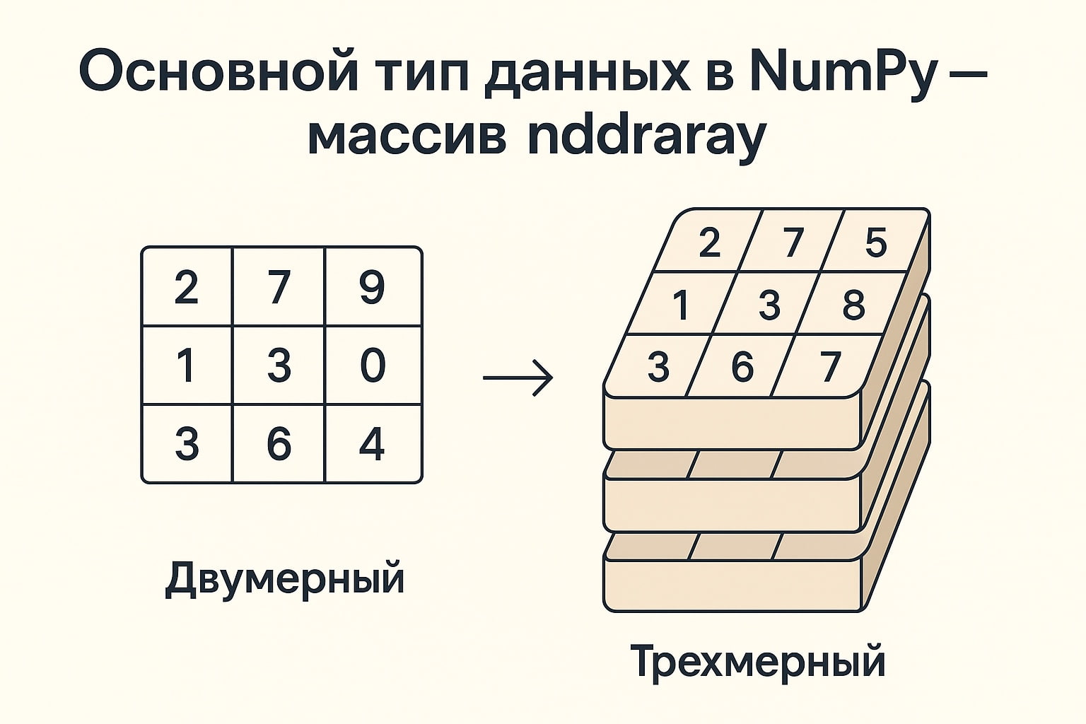 Массивы NumPy бывают разных форм: двумерные напоминают таблицу Excel, трехмерные — как стопка таких таблиц